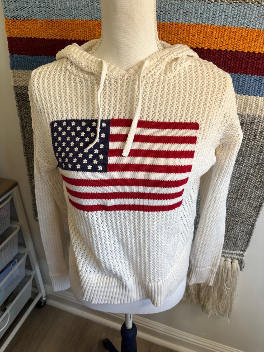 Universal Thread Cream Knit Hoodie with Americana Flag Graphic